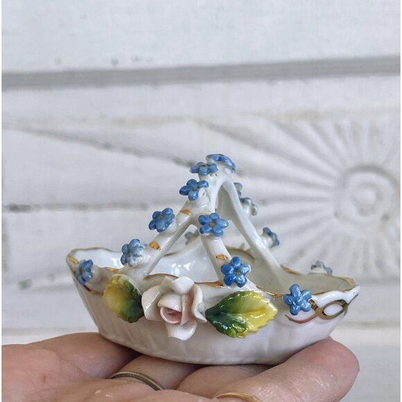 Antique 2 Porcelain Rose & Forget Me Nots Trinket Basket Elfinware Floral German - Picture 13 of 15